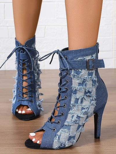 Distressed Denim Lace - Up Peep Toe Ankle Boots - Style Chic Couture
