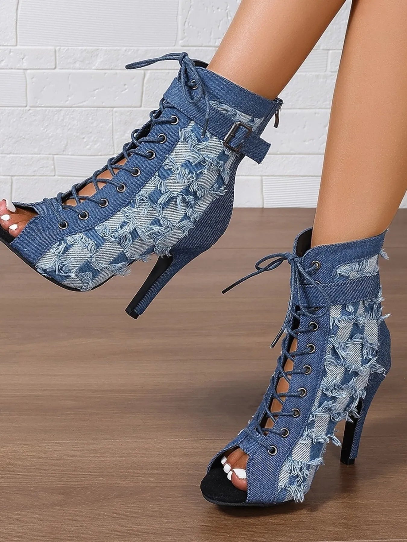 Distressed Denim Lace - Up Peep Toe Ankle Boots - Style Chic Couture