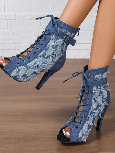 Distressed Denim Lace - Up Peep Toe Ankle Boots - Style Chic Couture