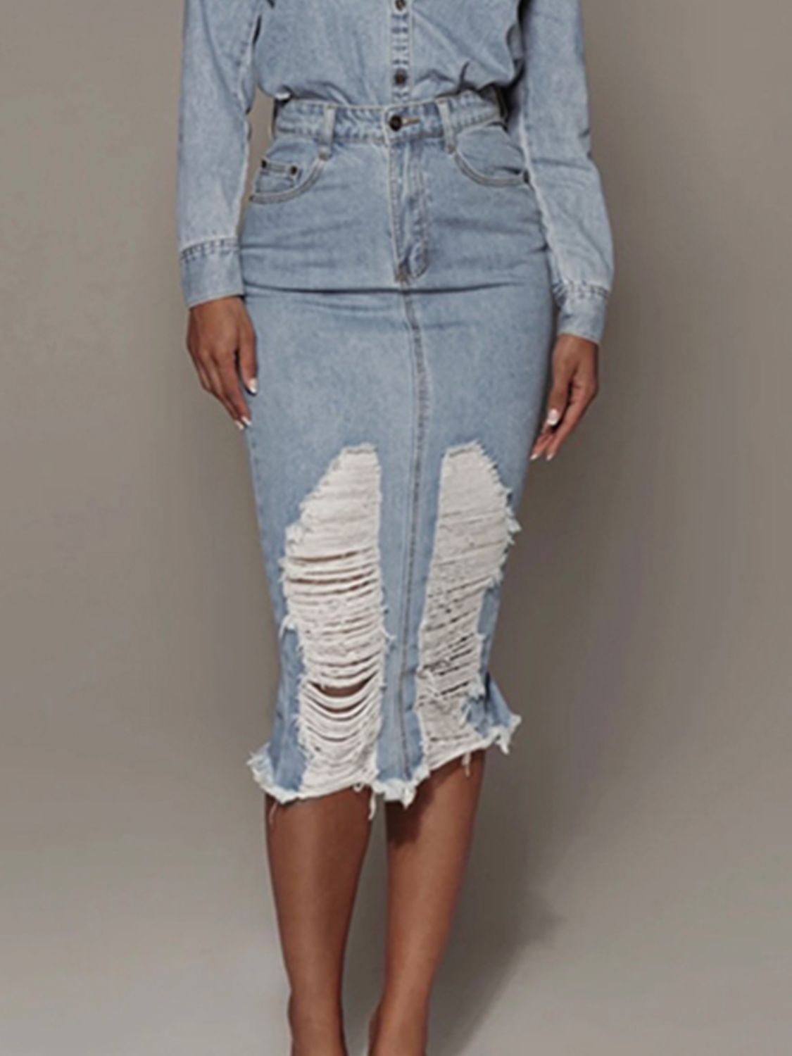 Distressed Slit Denim Skirt - Style Chic Couture