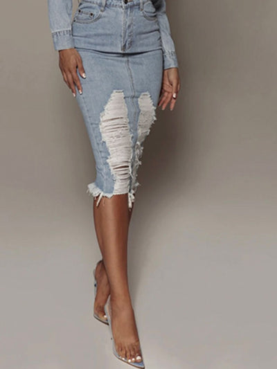 Distressed Slit Denim Skirt - Style Chic Couture