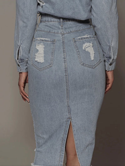 Distressed Slit Denim Skirt - Style Chic Couture