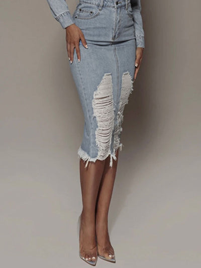 Distressed Slit Denim Skirt - Style Chic Couture
