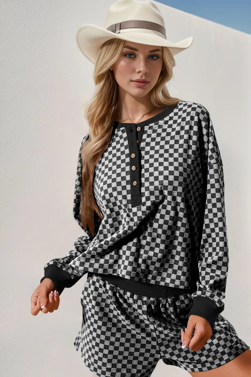 Double Take Checkered Half Button Top and Shorts Set - Style Chic Couture