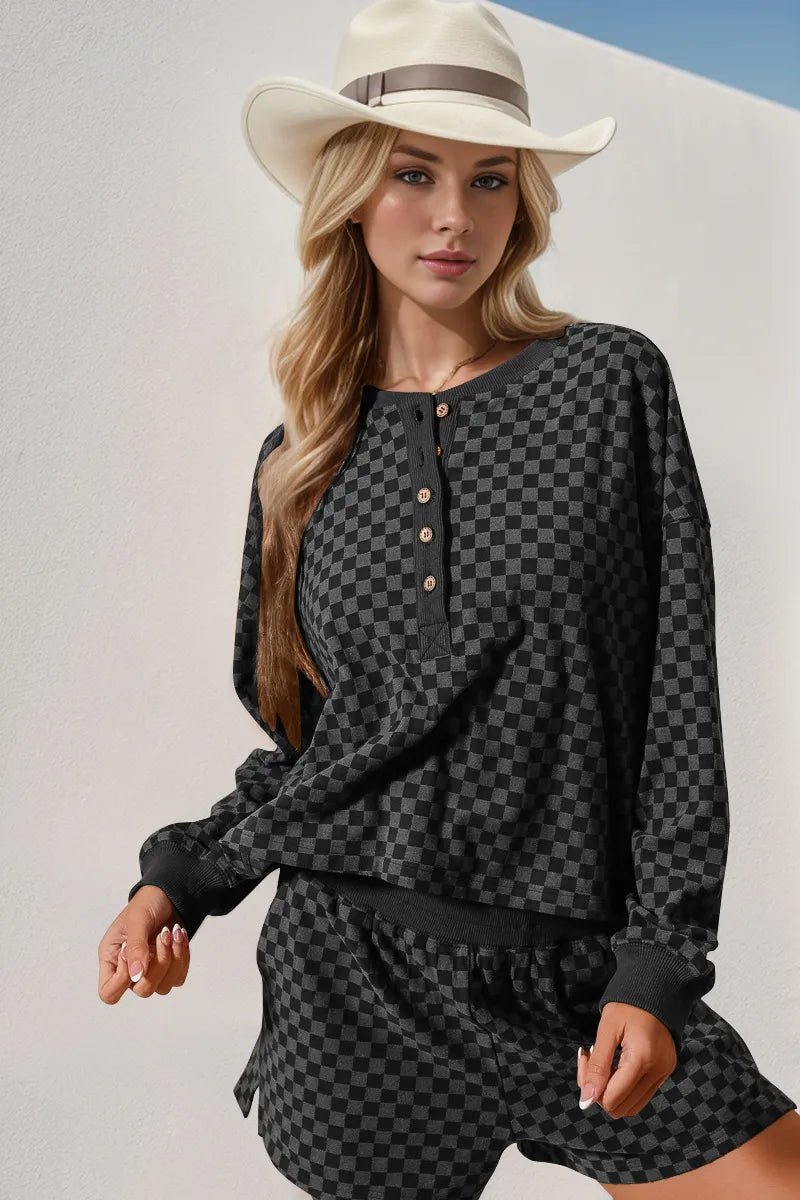 Double Take Checkered Half Button Top and Shorts Set - Style Chic Couture
