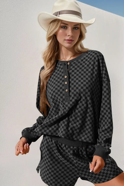 Double Take Checkered Half Button Top and Shorts Set - Style Chic Couture