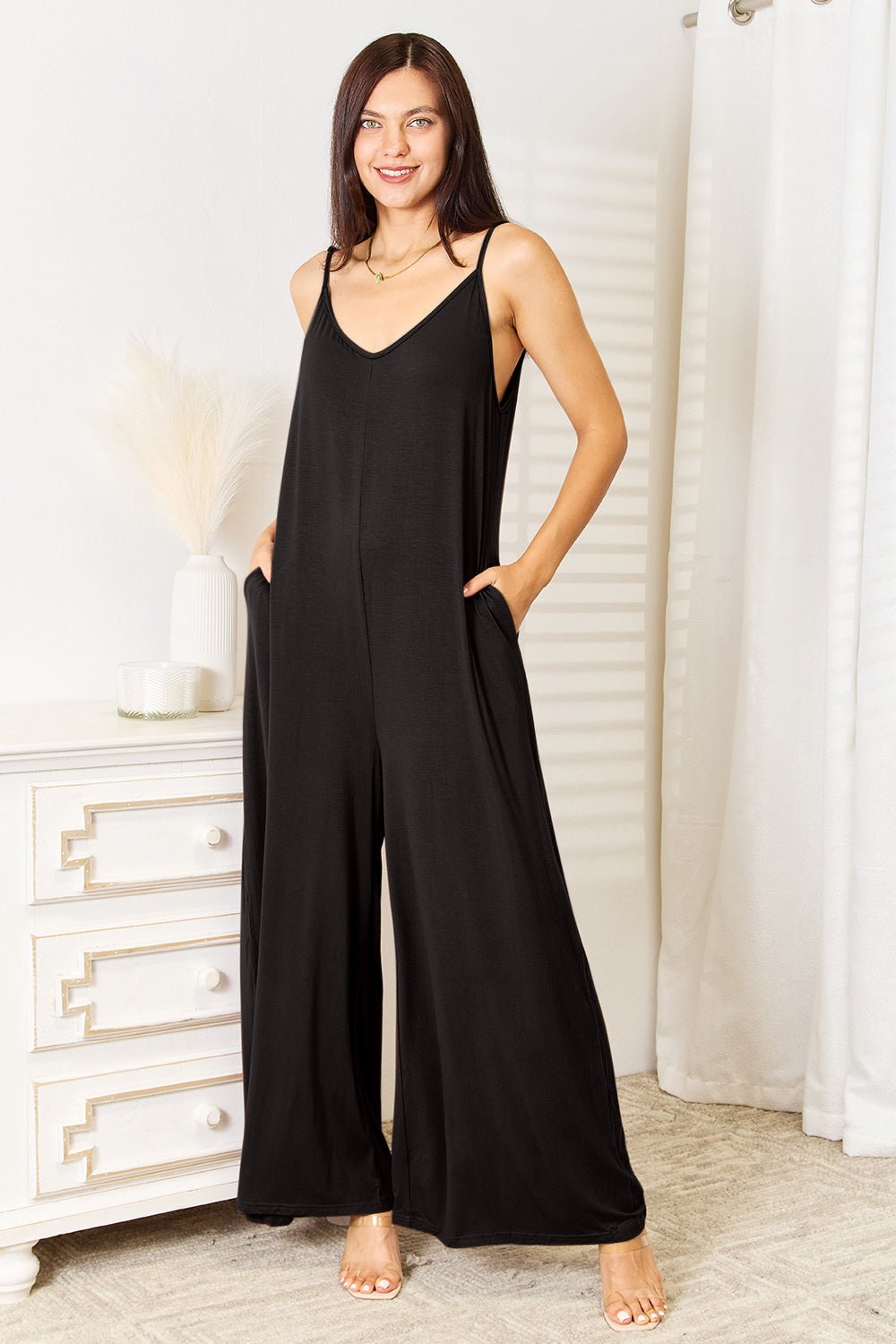 Double Take Full Size Soft Rayon Spaghetti Strap Tied Wide Leg Jumpsuit - Style Chic Couture
