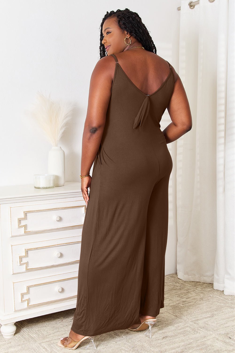 Double Take Full Size Soft Rayon Spaghetti Strap Tied Wide Leg Jumpsuit - Style Chic Couture