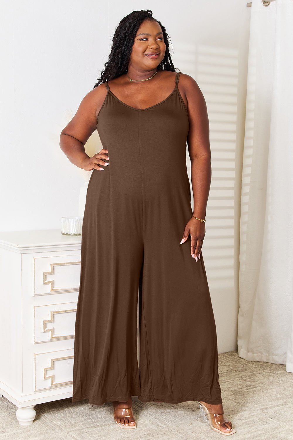 Double Take Full Size Soft Rayon Spaghetti Strap Tied Wide Leg Jumpsuit - Style Chic Couture