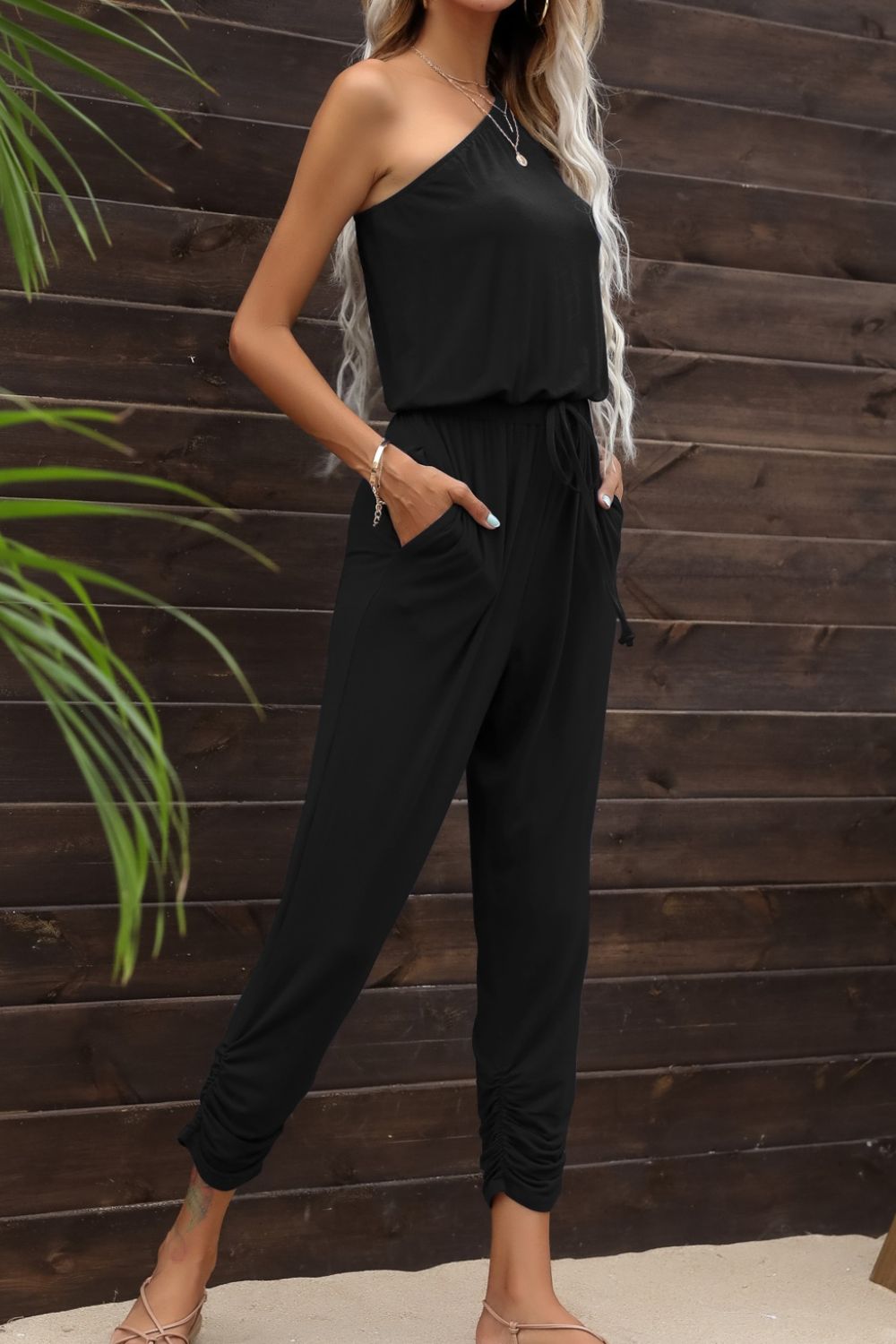 Drawstring Waist One - Shoulder Jumpsuit with Pockets - Style Chic Couture