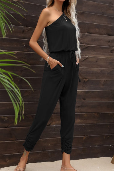 Drawstring Waist One - Shoulder Jumpsuit with Pockets - Style Chic Couture
