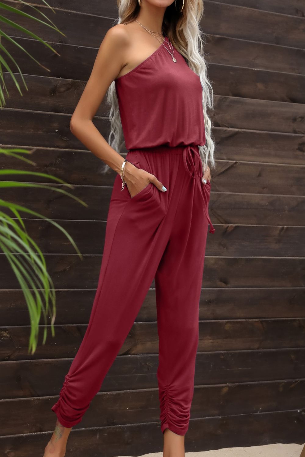 Drawstring Waist One - Shoulder Jumpsuit with Pockets - Style Chic Couture
