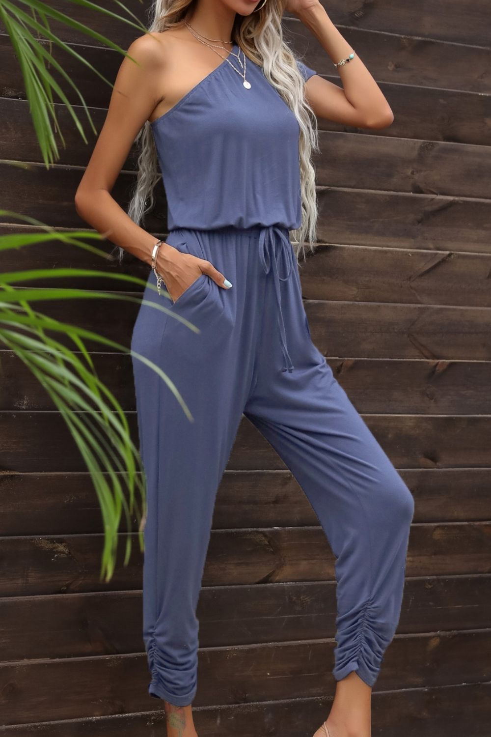 Drawstring Waist One - Shoulder Jumpsuit with Pockets - Style Chic Couture