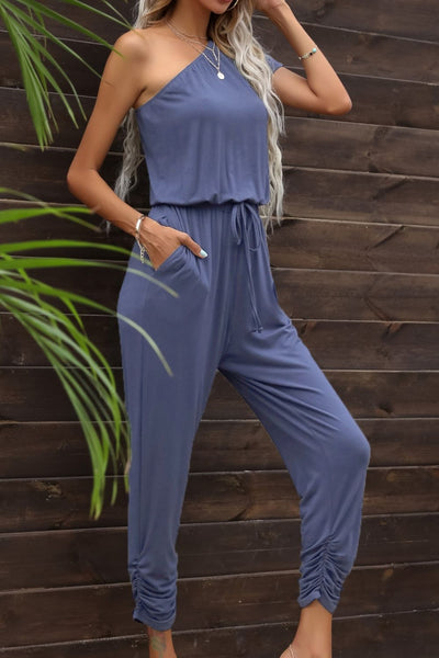 Drawstring Waist One - Shoulder Jumpsuit with Pockets - Style Chic Couture