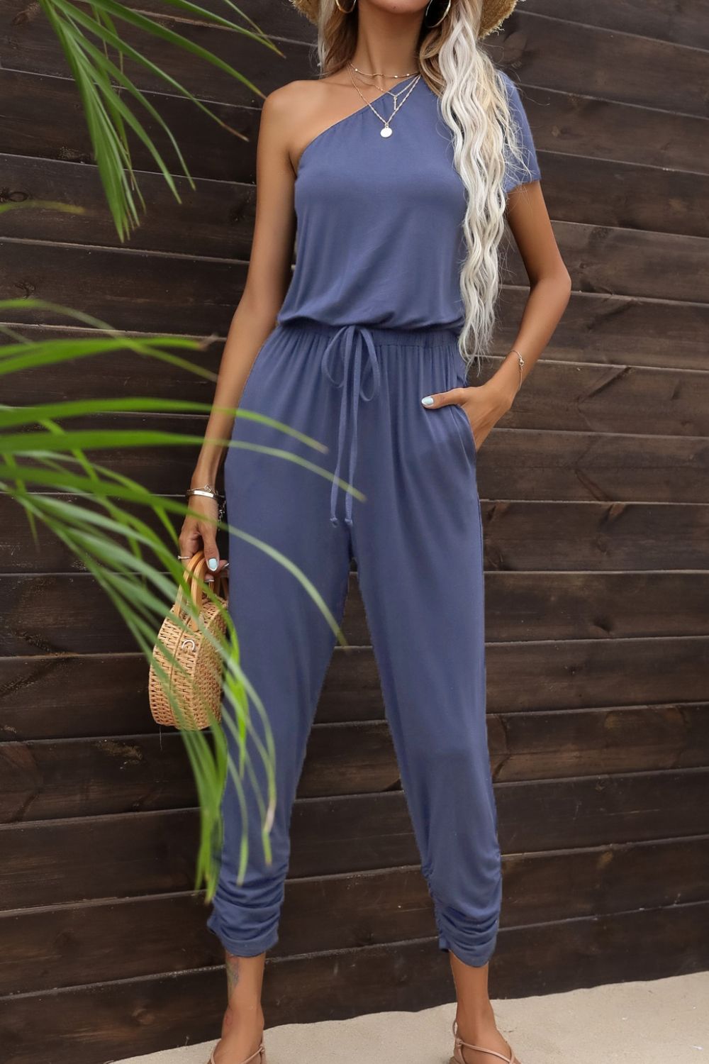 Drawstring Waist One - Shoulder Jumpsuit with Pockets - Style Chic Couture