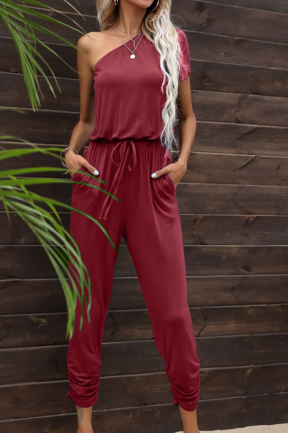 Drawstring Waist One - Shoulder Jumpsuit with Pockets - Style Chic Couture