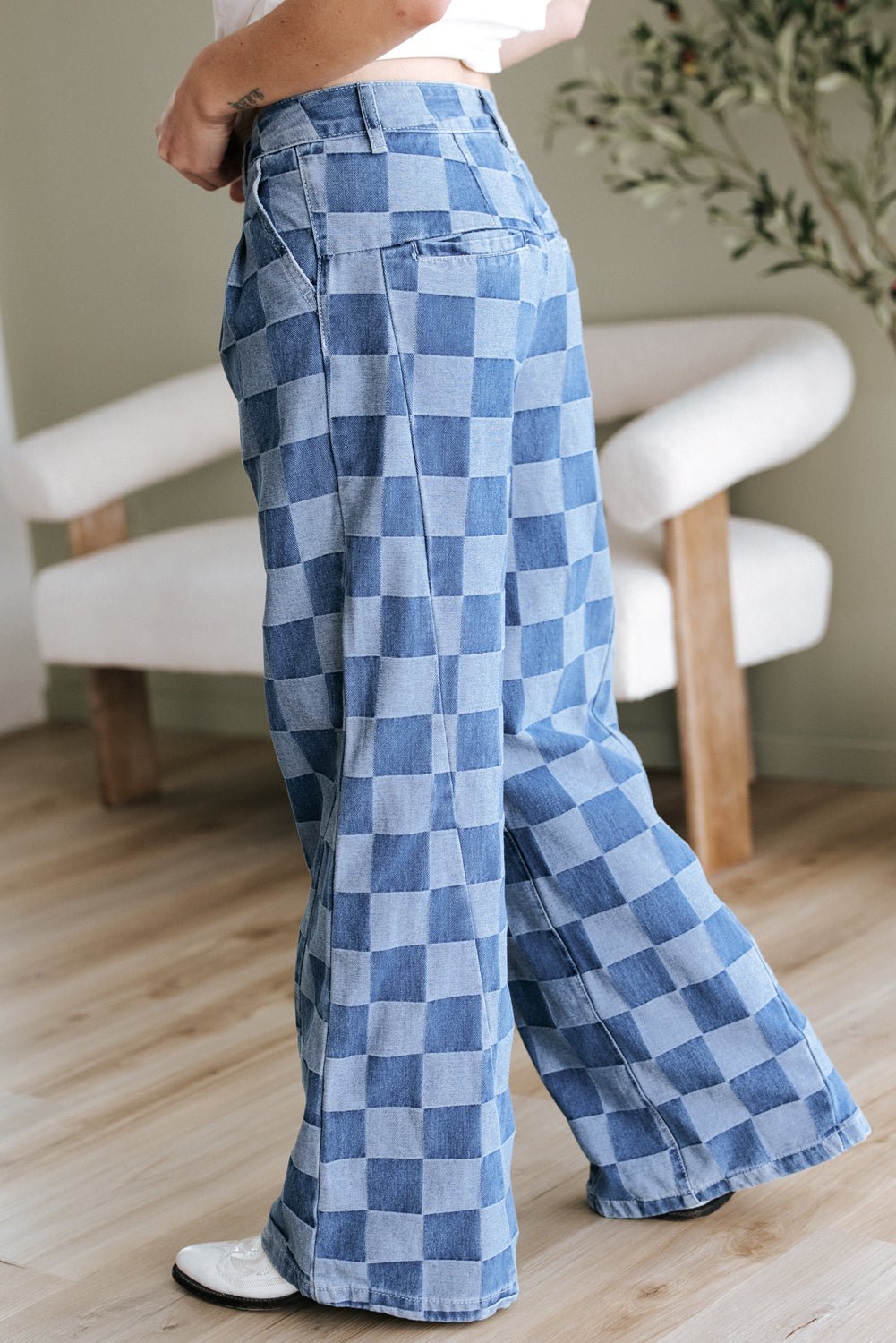 Dusk Blue Checkered Denim Wide Leg Jeans - Style Chic Couture