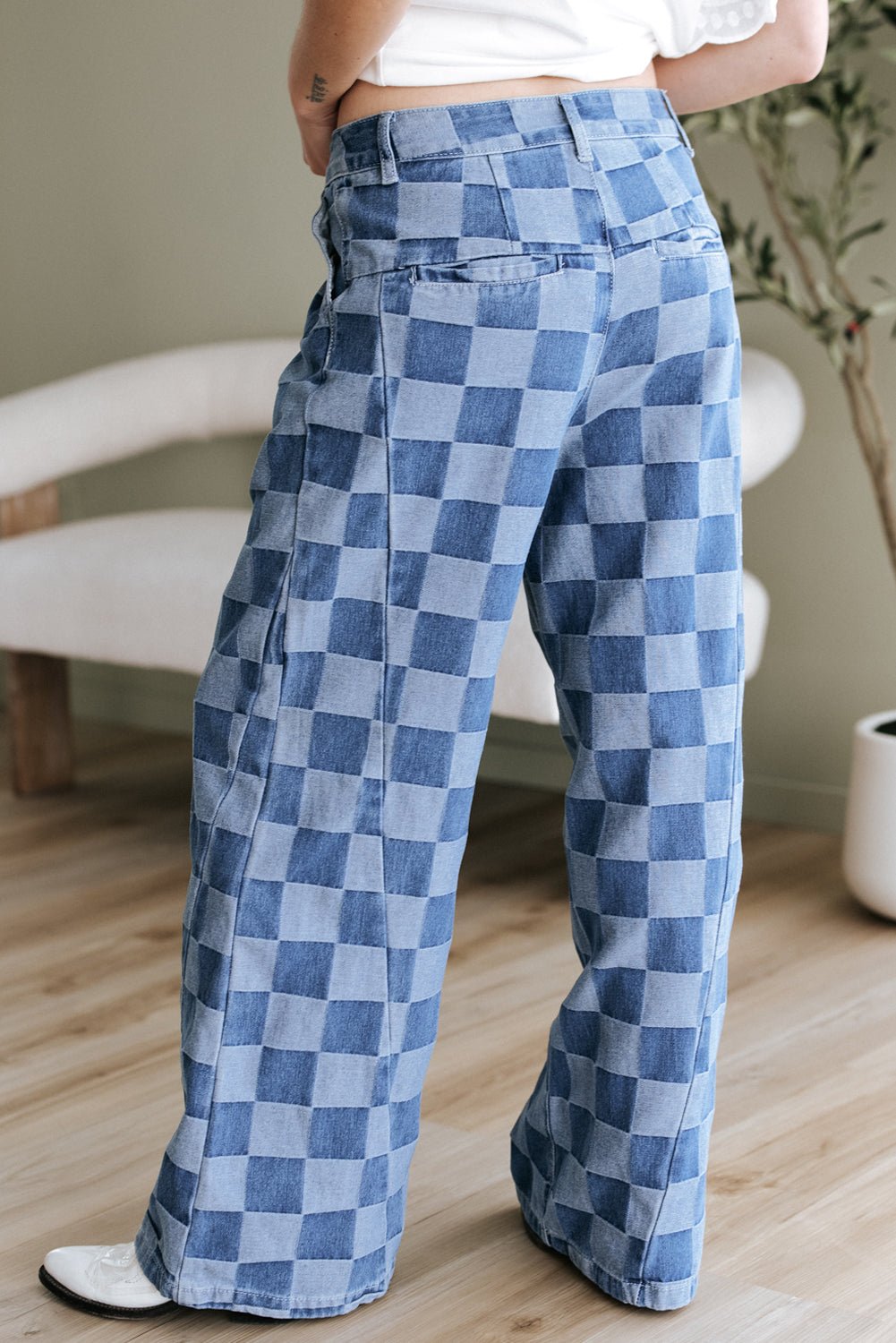 Dusk Blue Checkered Denim Wide Leg Jeans - Style Chic Couture