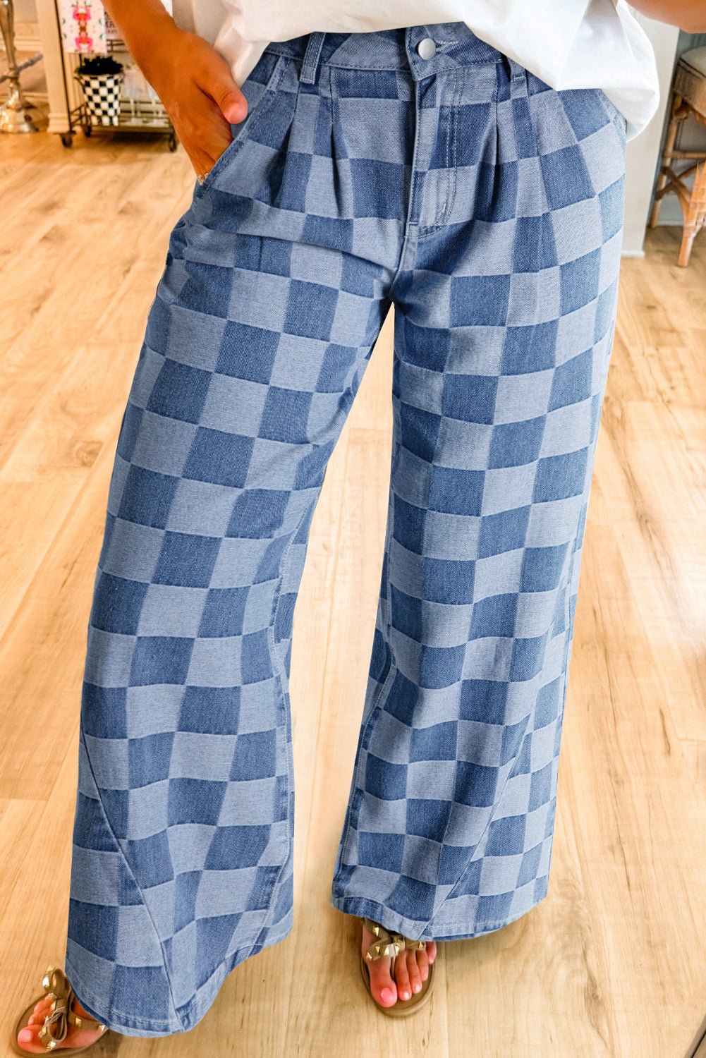 Dusk Blue Checkered Denim Wide Leg Jeans - Style Chic Couture