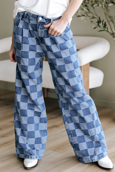 Dusk Blue Checkered Denim Wide Leg Jeans - Style Chic Couture