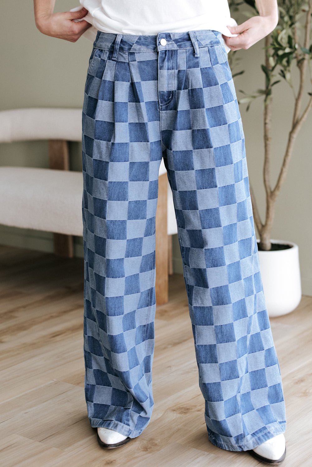 Dusk Blue Checkered Denim Wide Leg Jeans - Style Chic Couture