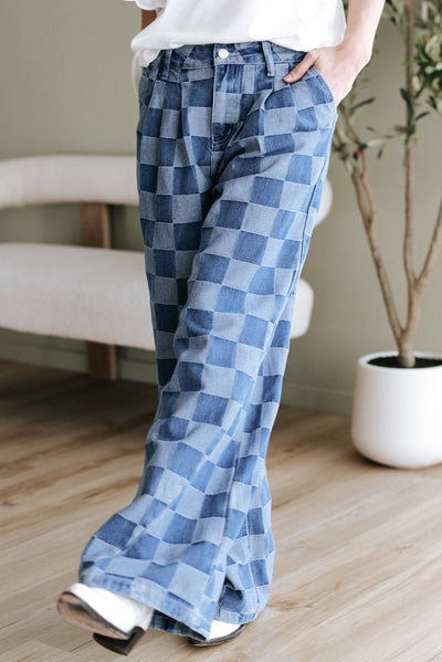 Dusk Blue Checkered Denim Wide Leg Jeans - Style Chic Couture