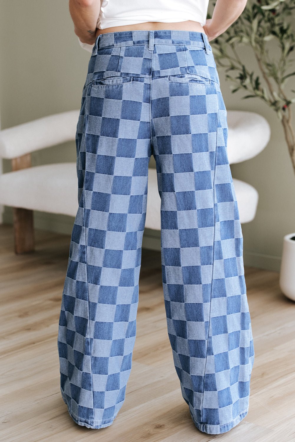 Dusk Blue Checkered Denim Wide Leg Jeans - Style Chic Couture