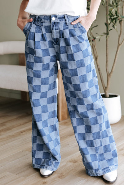 Dusk Blue Checkered Denim Wide Leg Jeans - Style Chic Couture
