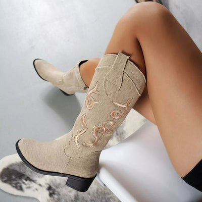 Embroidered Point Toe Block Heels Boots - Style Chic Couture