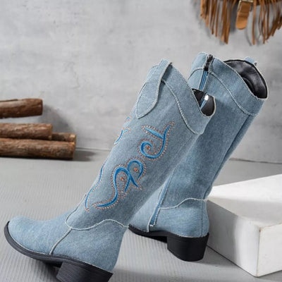 Embroidered Point Toe Block Heels Boots - Style Chic Couture