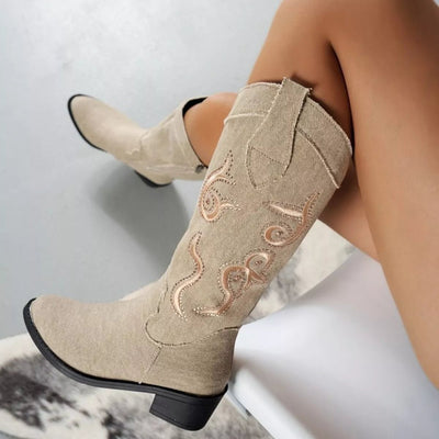 Embroidered Point Toe Block Heels Boots - Style Chic Couture
