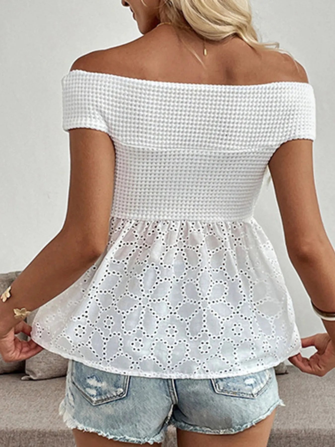 Eyelet Cutout Off - Shoulder Blouse - Style Chic Couture