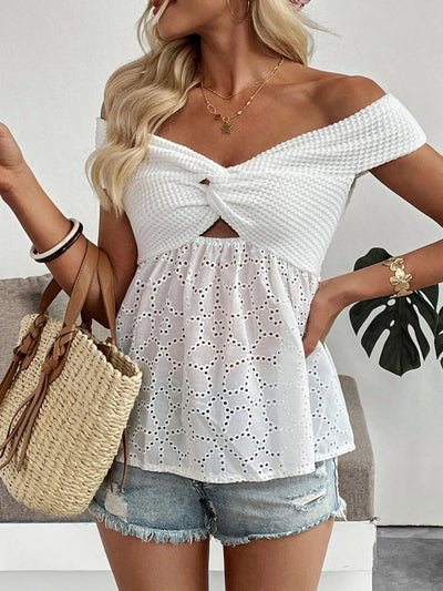 Eyelet Cutout Off - Shoulder Blouse - Style Chic Couture
