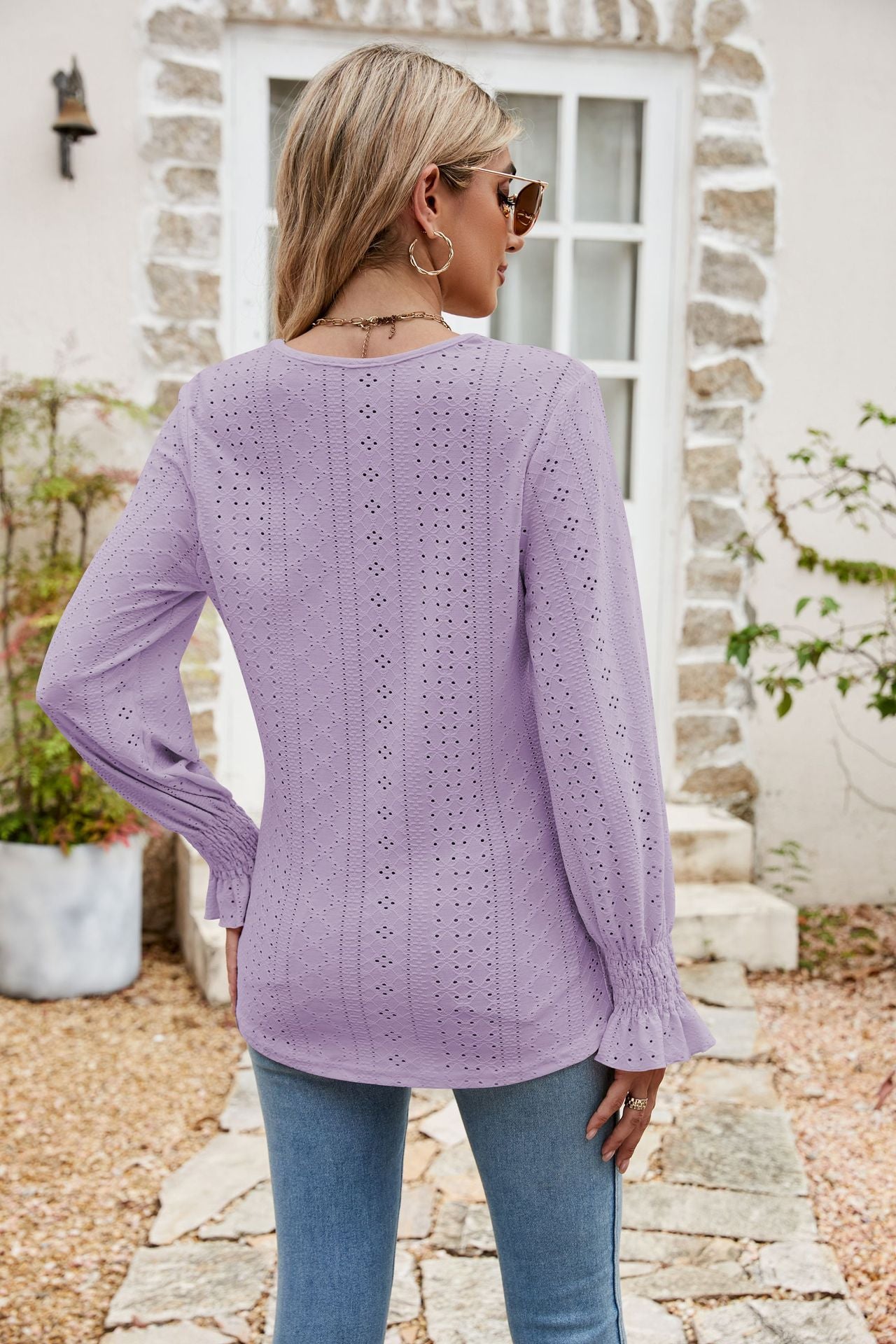Eyelet Flounce Sleeve V - Neck Blouse - Style Chic Couture