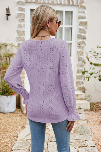 Eyelet Flounce Sleeve V - Neck Blouse - Style Chic Couture