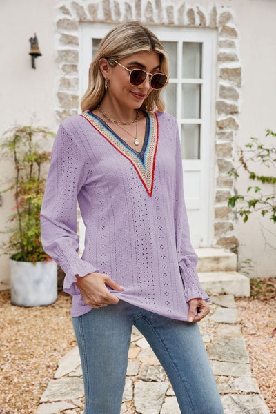 Eyelet Flounce Sleeve V - Neck Blouse - Style Chic Couture