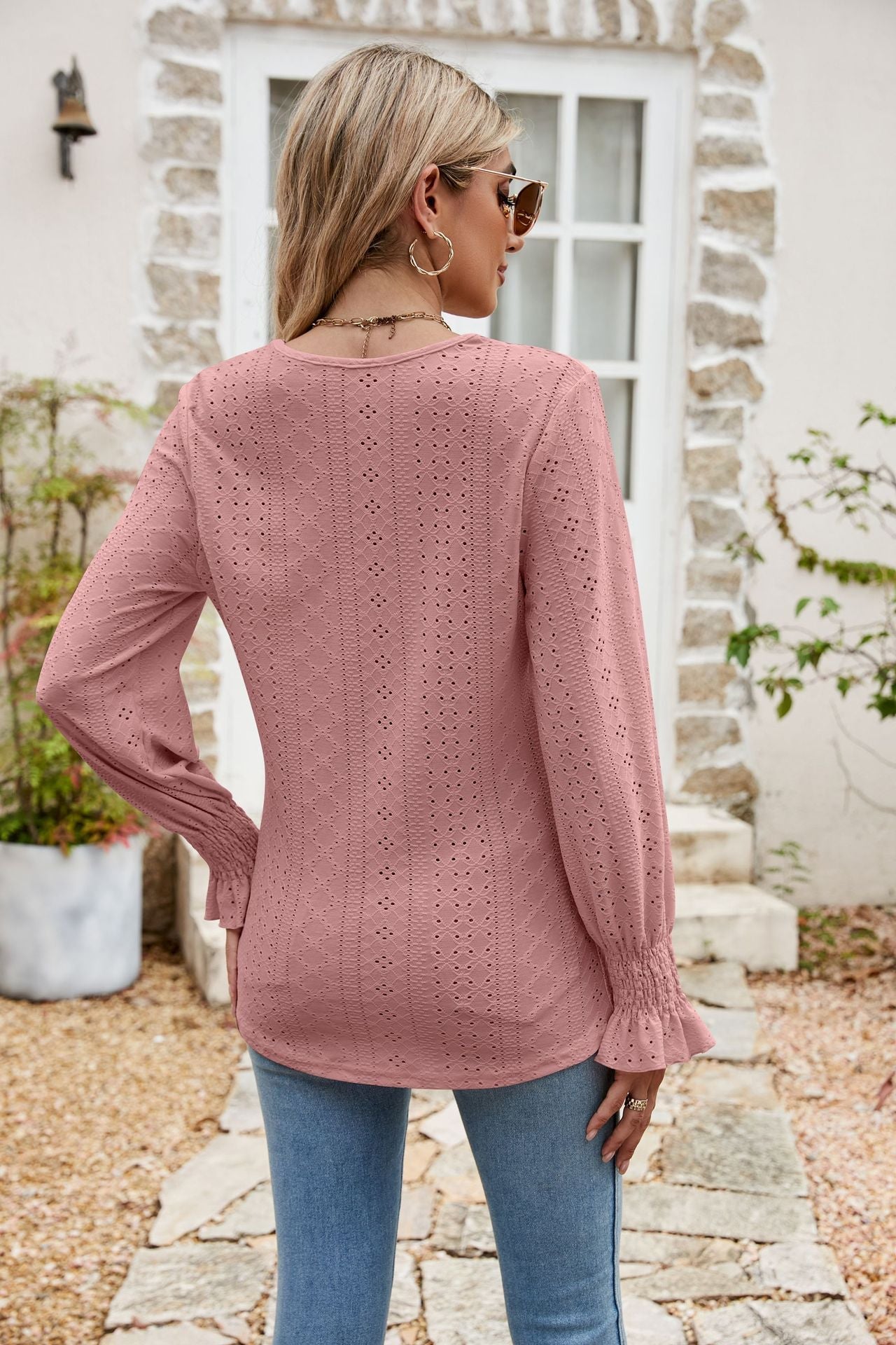 Eyelet Flounce Sleeve V - Neck Blouse - Style Chic Couture