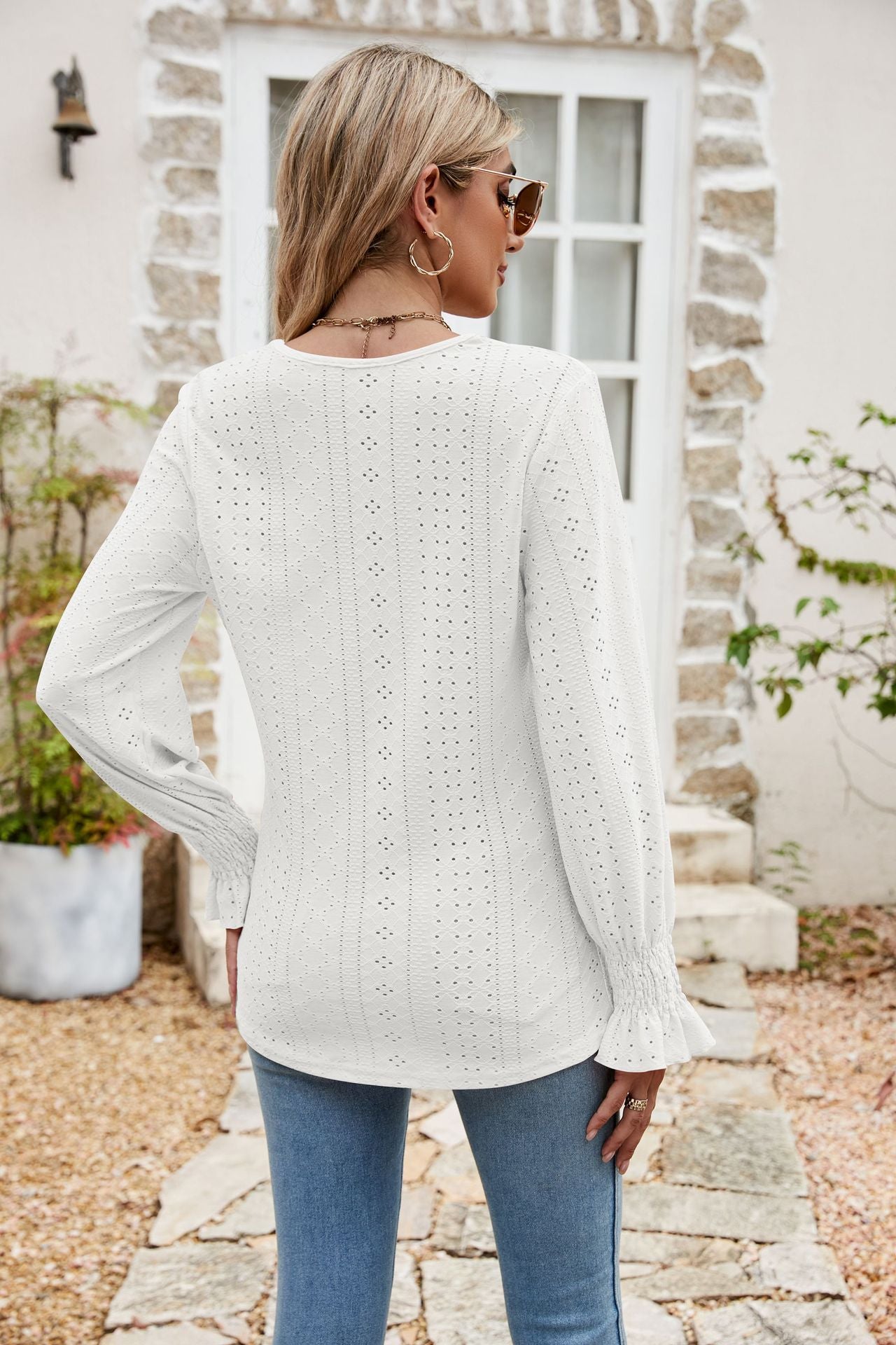 Eyelet Flounce Sleeve V - Neck Blouse - Style Chic Couture