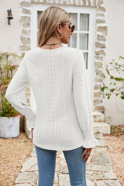 Eyelet Flounce Sleeve V - Neck Blouse - Style Chic Couture