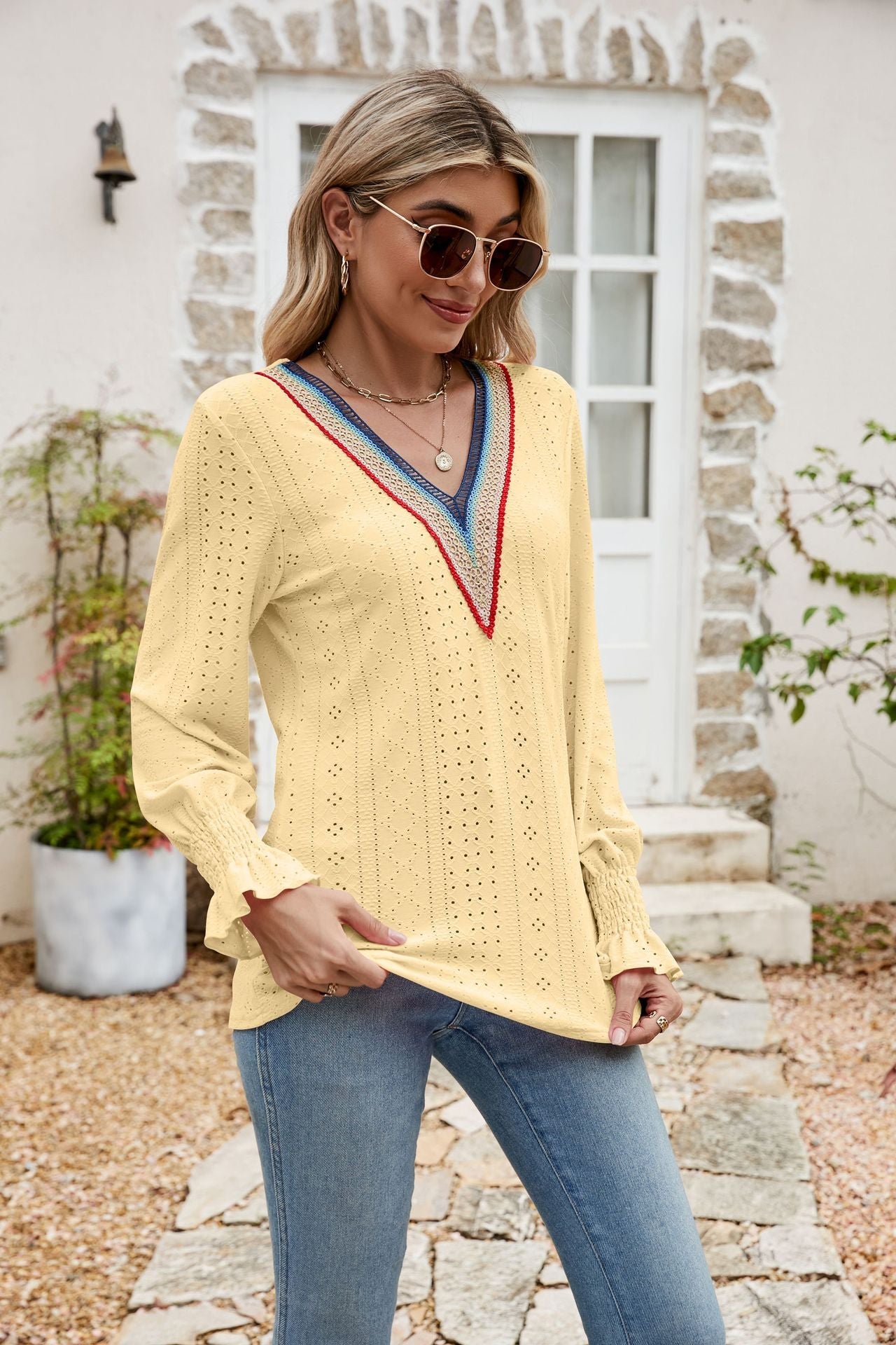 Eyelet Flounce Sleeve V - Neck Blouse - Style Chic Couture