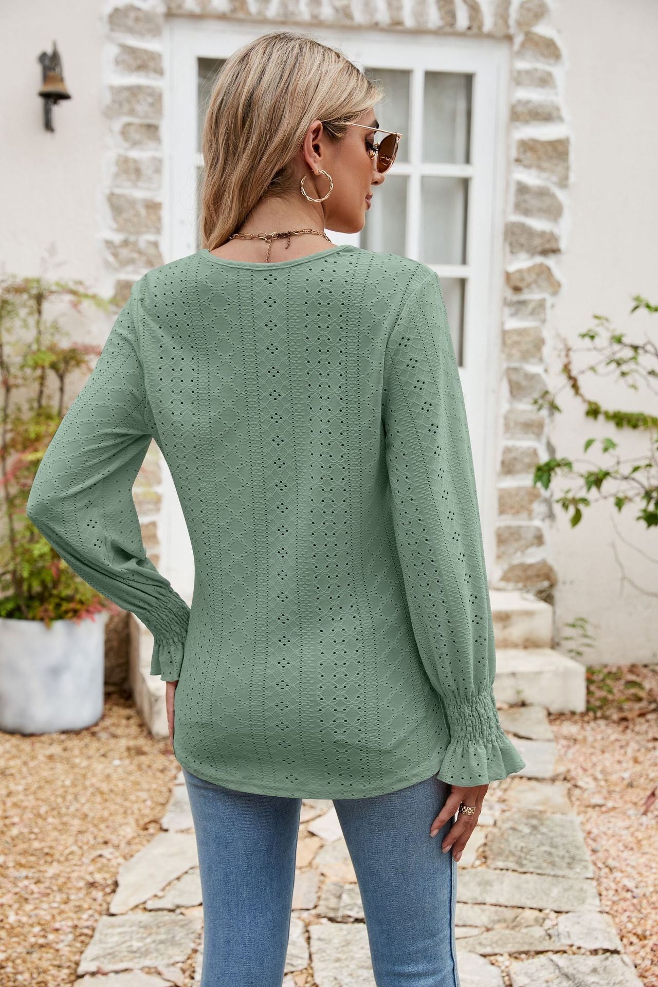 Eyelet Flounce Sleeve V - Neck Blouse - Style Chic Couture