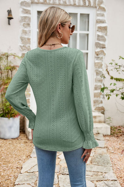 Eyelet Flounce Sleeve V - Neck Blouse - Style Chic Couture