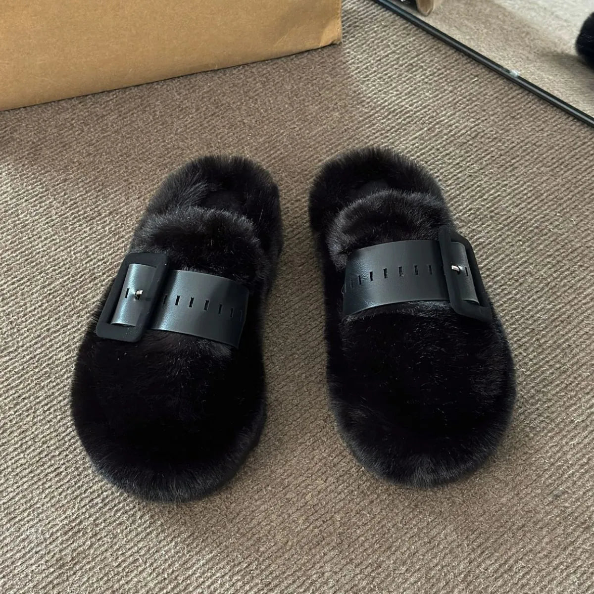 Faux Fur Buckle Slippers - Style Chic Couture