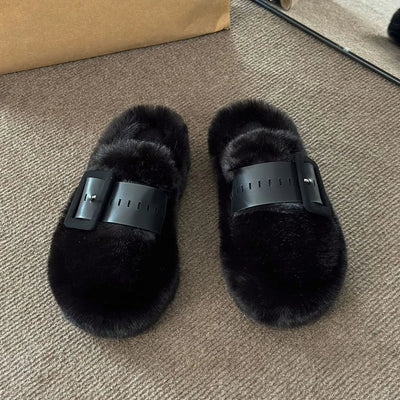 Faux Fur Buckle Slippers - Style Chic Couture