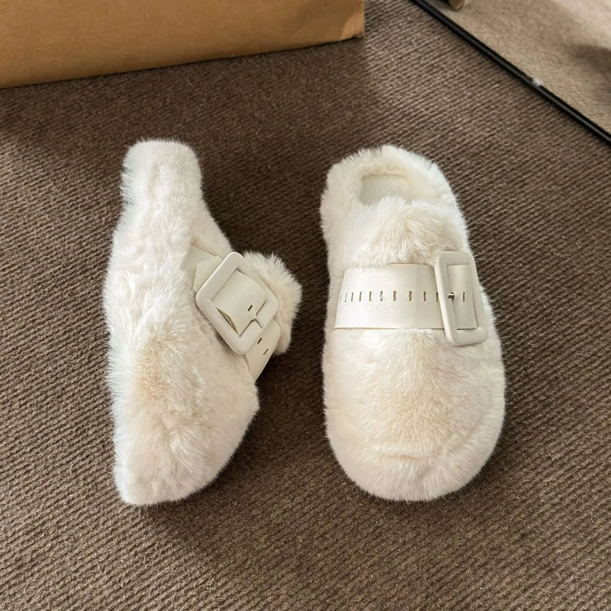 Faux Fur Buckle Slippers - Style Chic Couture