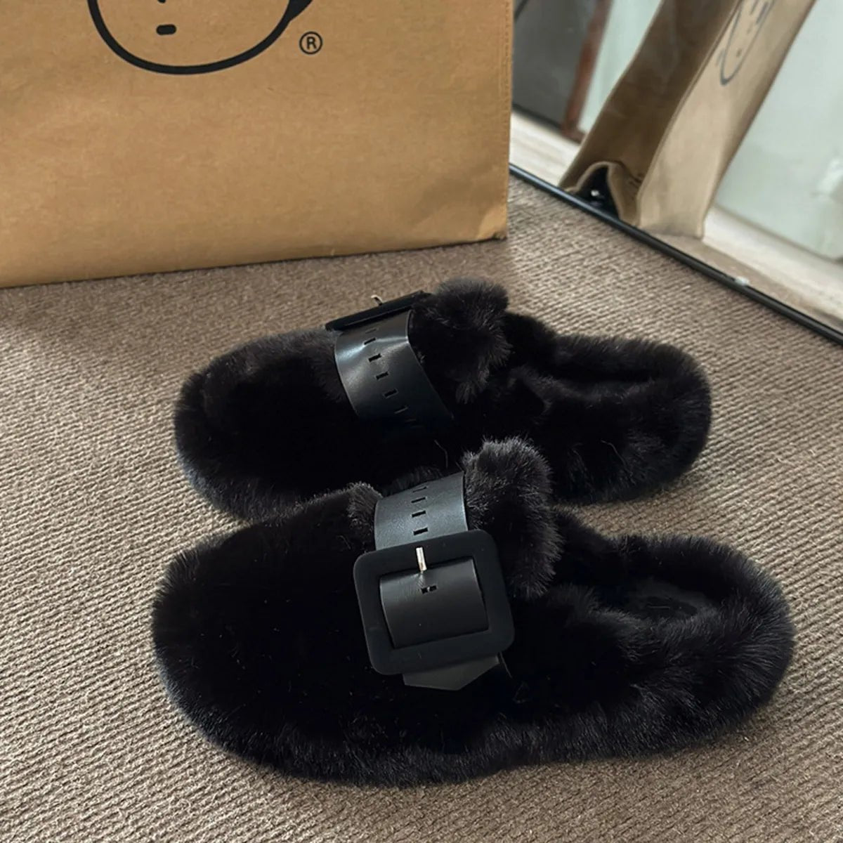 Faux Fur Buckle Slippers - Style Chic Couture