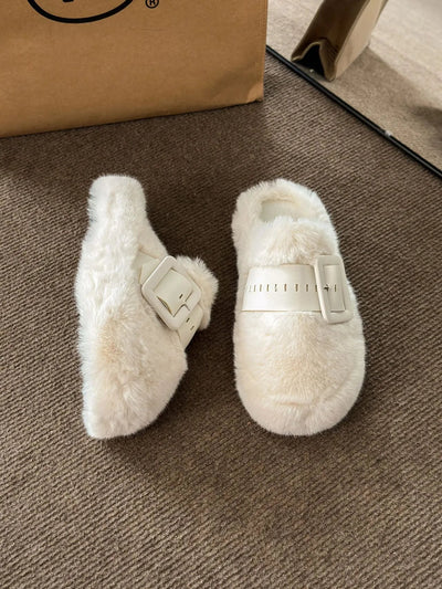 Faux Fur Buckle Slippers - Style Chic Couture