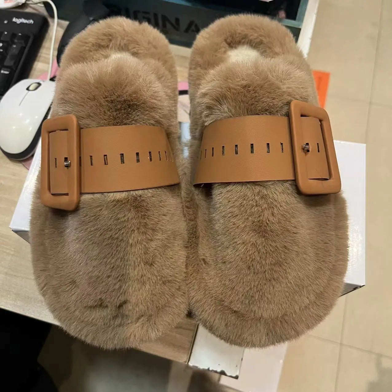 Faux Fur Buckle Slippers - Style Chic Couture