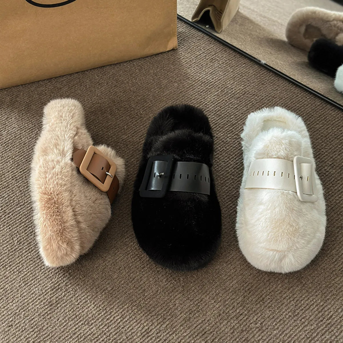 Faux Fur Buckle Slippers - Style Chic Couture