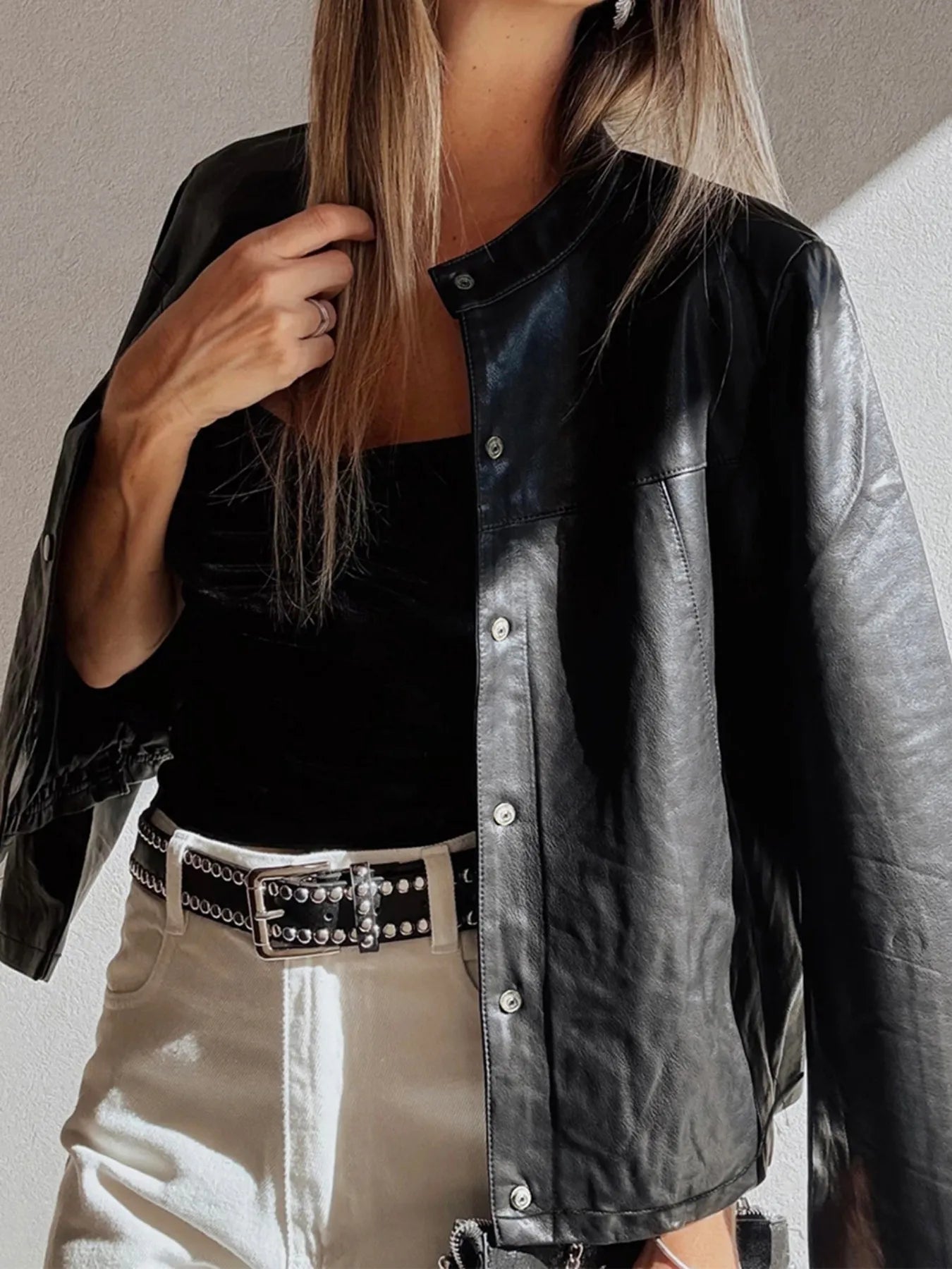 Faux Leather Buttoned Front Boxy Jacket - Style Chic Couture
